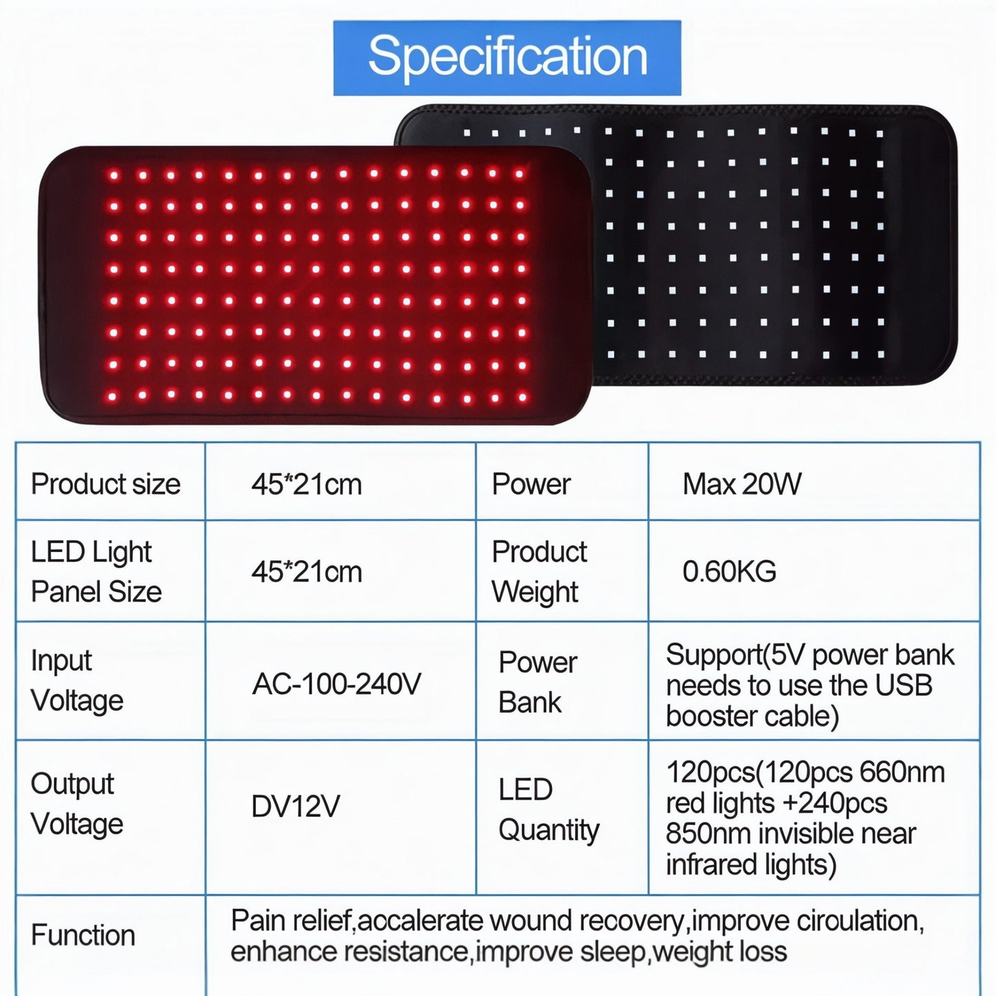 Red & Infrared Therapy Belt Body Wearable Wrap Pad for Face & Body Shoulder Joint Muscle
